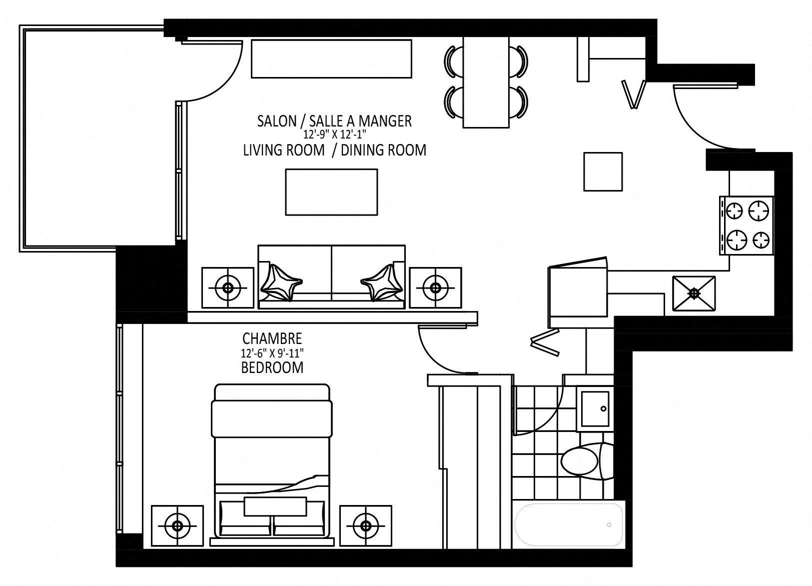 Floor plan for 1 bed, 1 bath, 565 sqft